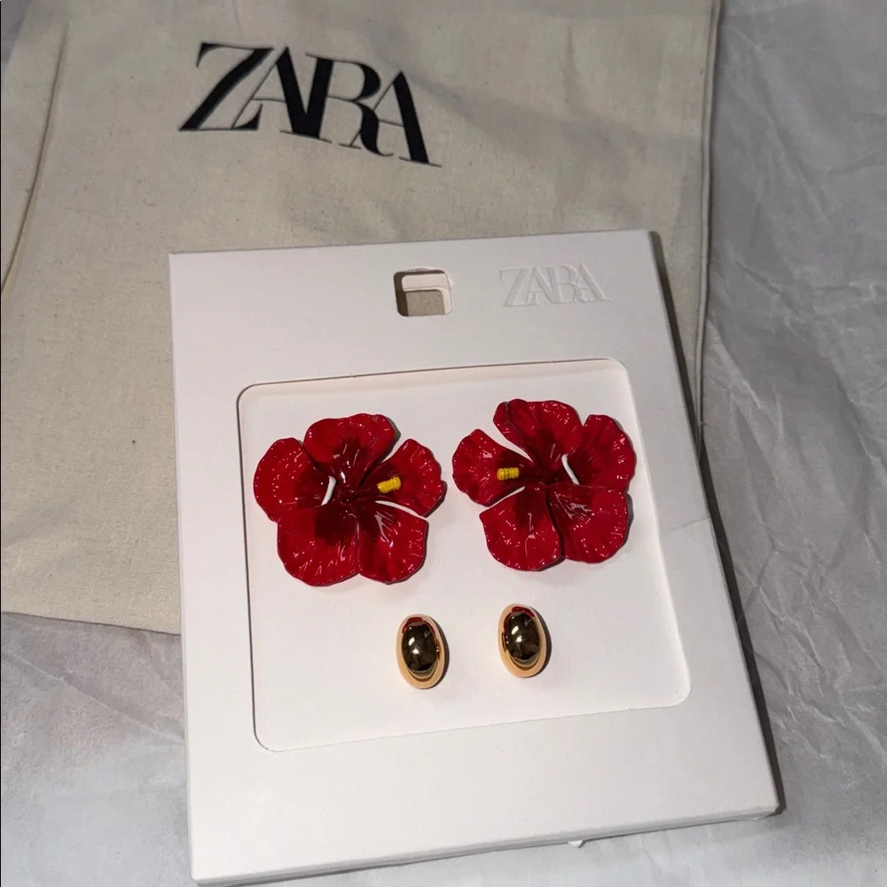 Zara tropical iconic flower & hoops earring 2 pack ,hibiscus, 🌺 amapola